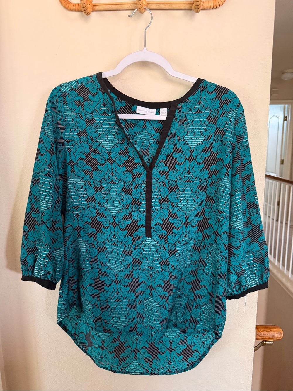 New York & Company Teal Floral V-Neck Tunic with Black Trim